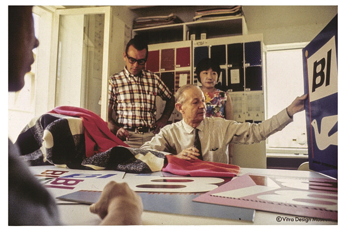Alexander Girard working on the corporate design for Braniff International Airlines, 1965.jpg