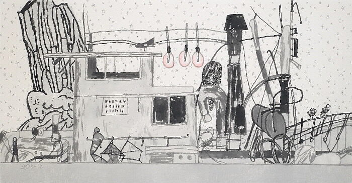 저동의 노을, 김선두, 장지에 먹분채 연필, 143 x 76cm, 2018.jpg