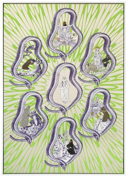 Kent Henricksen, Celestial Schemes, Embroidery thread, silkscreen and gold leaf on fabric,2009.Jpeg