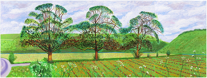 18. Three Trees near Thixendale, Spring 2008_ Oil on 8 canvases (36_ x 48_ each) 72 1_4_ x 192 e_4_ overall.jpg