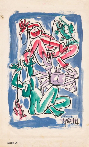 [꾸미기][꾸미기]〈두 아이와 물고기와 게〉, 1950년대 전반, 종이에 펜, 유채, 32.8×20.3cm. 국립현대미술관 이건희컬렉션..JPG